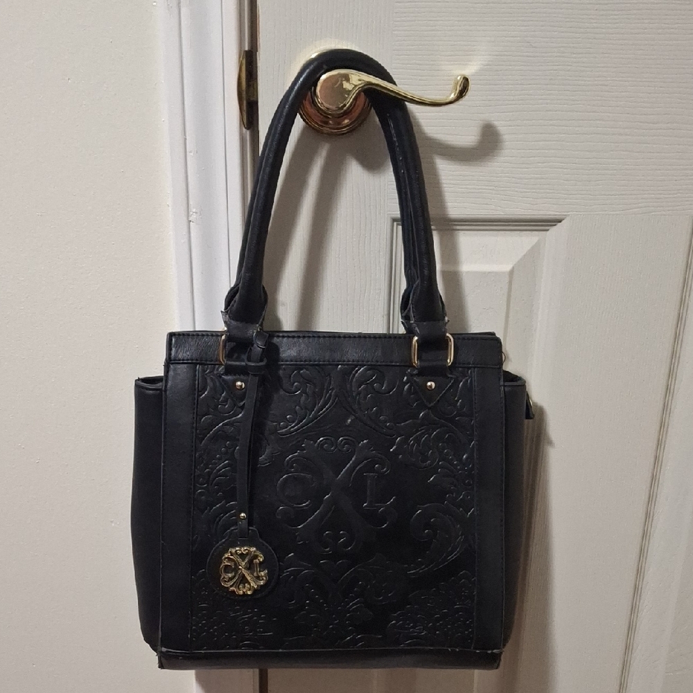 CXL by Christian Lacroix Black Embossed Shoulder Bag with Gold Medallion Hangtag